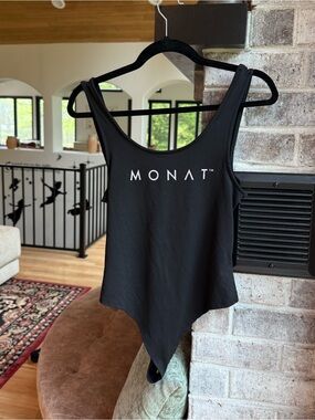 MONAT Black Scoop Neck Logo Bodysuit